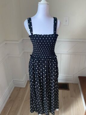 Aerie Black and White Polka Dot Smocked Midi Dress